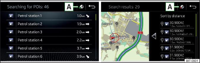 Afb. 163 Lijst met gevonden tankstations: In de navigatiegegevens / online
