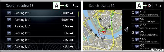 Lijst met gevonden parkeerplaatsen: In de navigatiegegevens / online