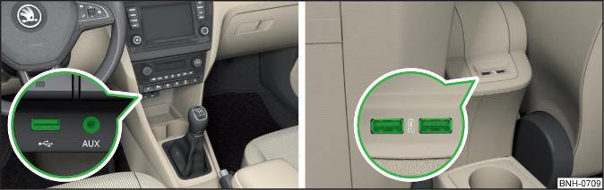 Afb. 78 USB- en AUX-ingang voorin / USB-ingangen achterin